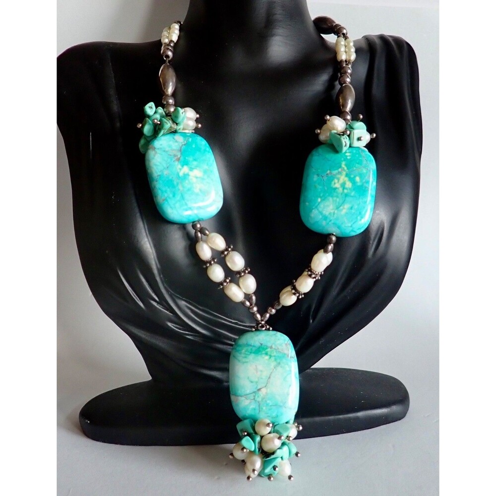Howlite Freshwater Pearls Turquoise Chips Silver Bead Chunky Statement Necklace